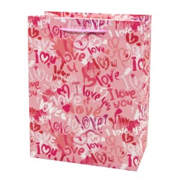 Пакет подарочный, I Love (сердечки граффити), Розовый, с блестками, 32*26*12 см, 1 шт.