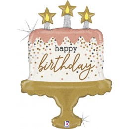 Шар (33''/84 см) Фигура, Торт на День Рождения (яркие свечи и конфетти), Голография, 1 шт.