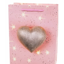 Пакет подарочный, Сверкающее сердце, Розовый, 40*31*12 см, 1 шт.