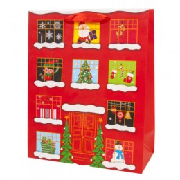 Пакет подарочный, Новогодний домик, Красный, с блестками, 44*31*12 см, 1 шт.