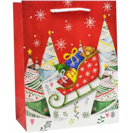 Пакет подарочный, Новогодние санки с подарками и мишкой, Красный, с блестками, 23*18*10 см, 1 шт.