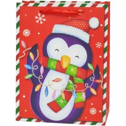 Пакет подарочный, Новогодний пингвин, Красный, с блестками, 23*18*10 см, 1 шт.